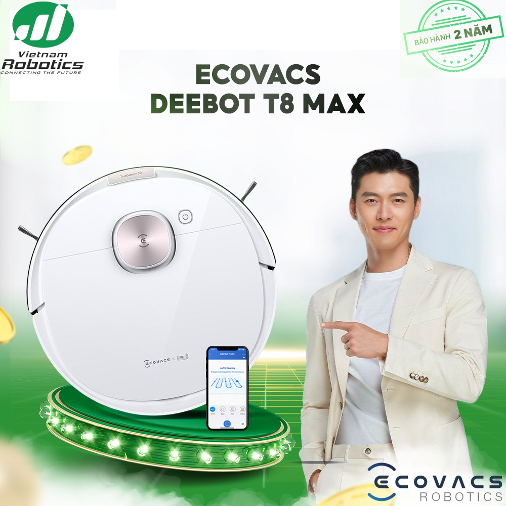 Robot hút bụi lau nhà Ecovacs Deebot T8 Max - hàng nhập khẩu chính hãng full VAT, bảo hành chính hãng 24 tháng bởi Vietnam Robotics, lực hút 1500Pa, thời gian hoạt động 3 giờ liên tục