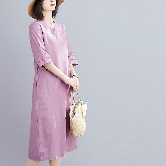 Đầm suông linen cổ tim chồng tay lỡ, thời trang hè thu - Tím nhạt