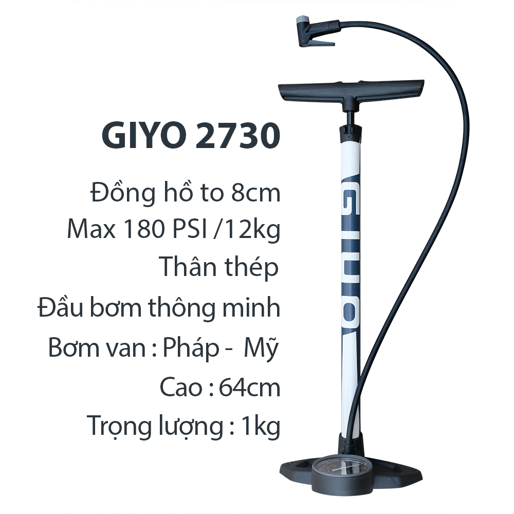 Bơm xe đạp xe máy 180psi/12kg GIYO 2730 thân thép đồng hồ siêu to