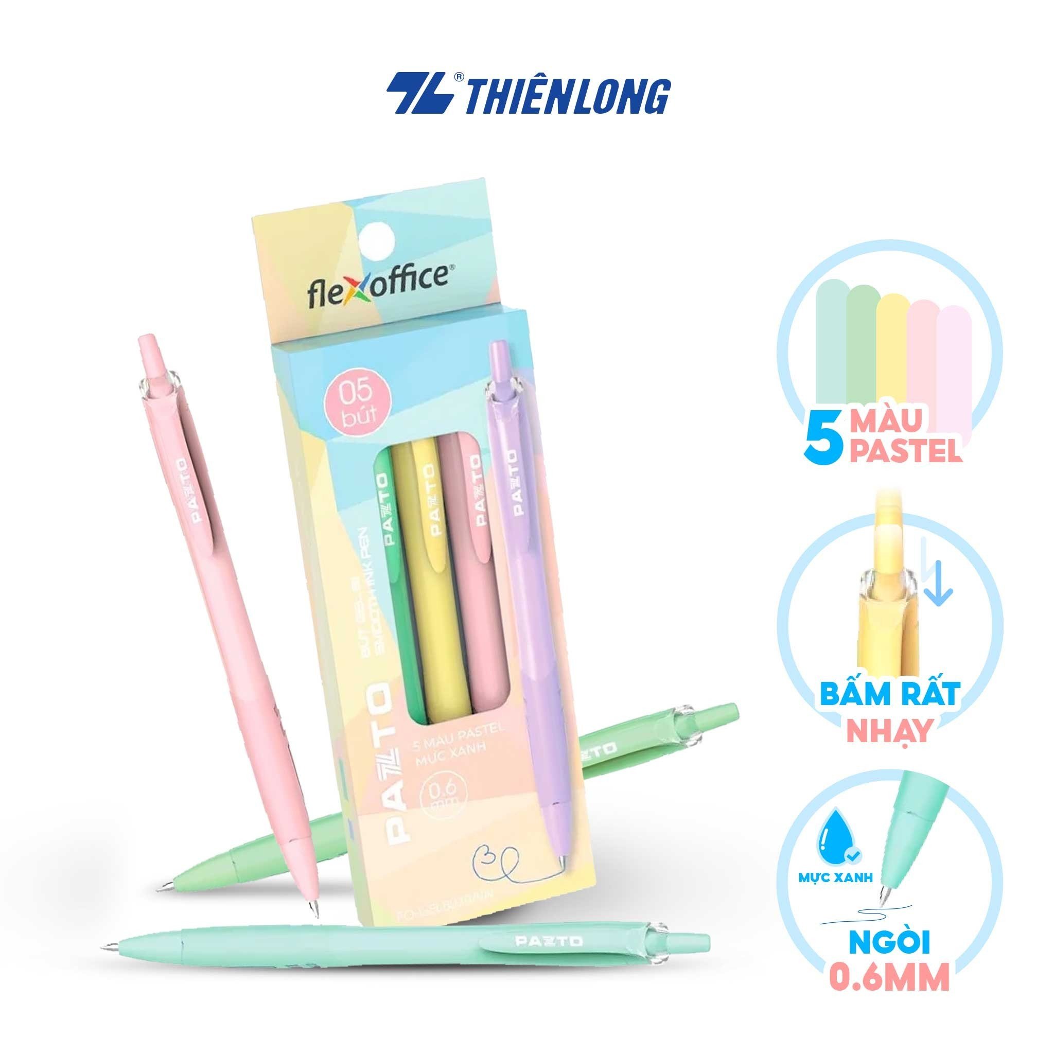 Bút gel B màu Pastel Thiên Long Flexoffice Pazto FO-GELB039/VN - Mực xanh (5 cây)