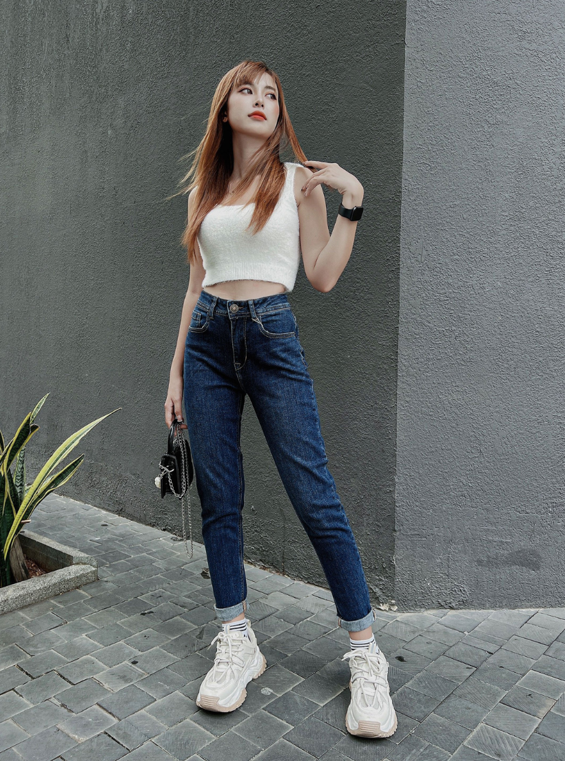 Quần jean nữ boyfriend baggy trơn dài co giãn HQJEANS