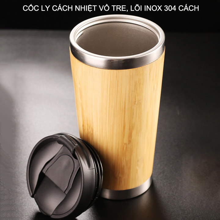 Cốc ly cách nhiệt vỏ tre, lõi inox 304, nắp bật 450ml