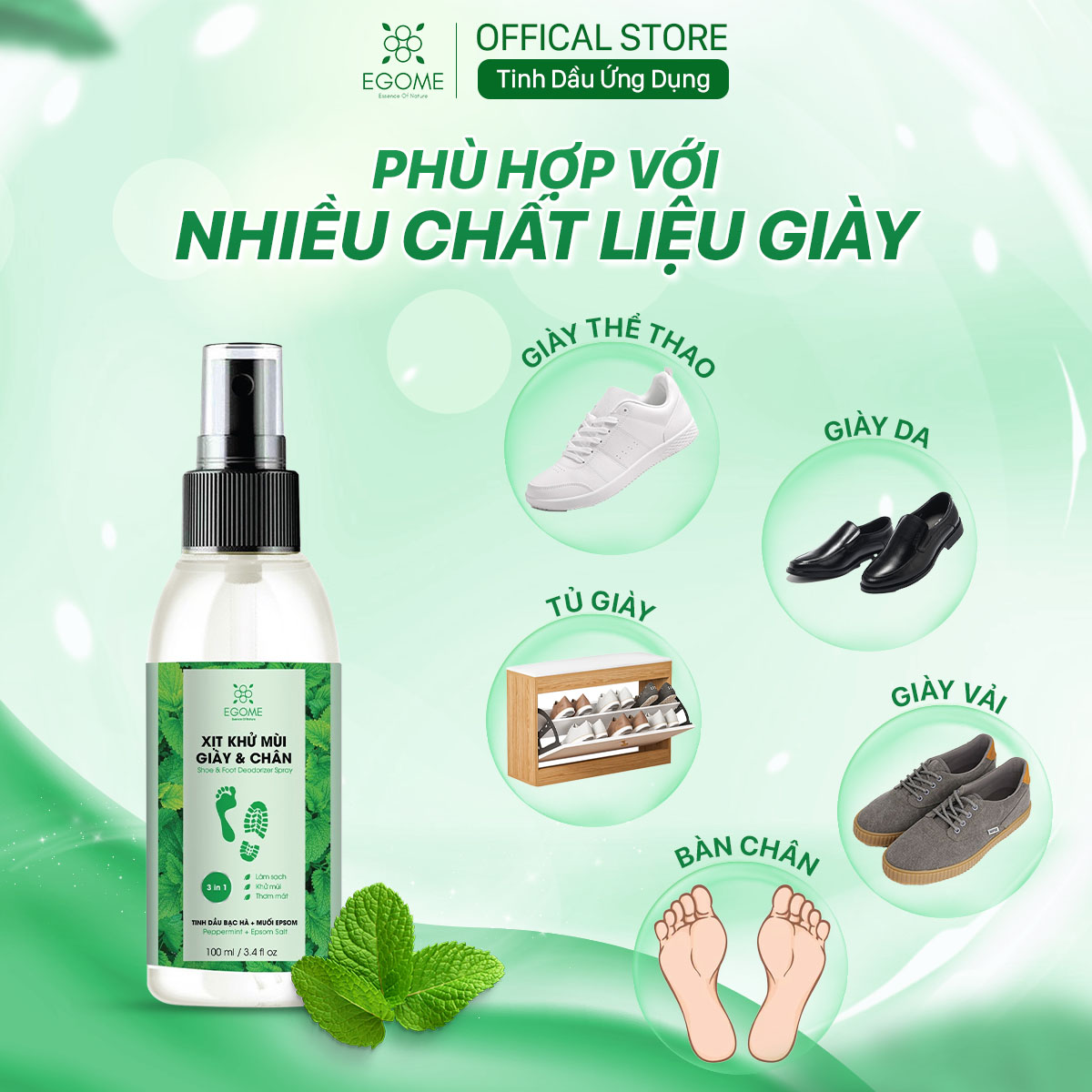 Xịt Khử Mùi Giày Và Chân Egome Tinh Dầu Bạc Hà làm sạch và thơm mát 100ml