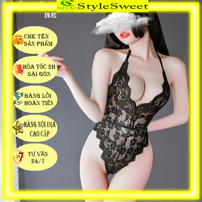 Bodysuit xẻ ngực váy ngủ jum xẻ quyến rũ với màu Đen