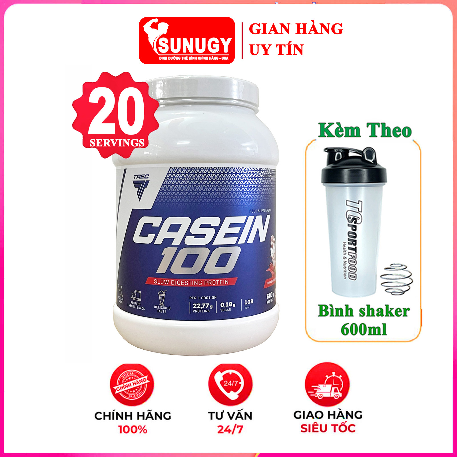 Combo Sữa tăng cơ giảm mỡ Casein 100 của TREC hỗ trợ nuôi cơ suốt ngày đêm & Bình shaker 600ml