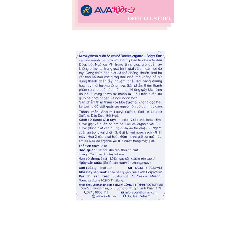 Nước giặt xả quần áo cho bé Docilee Organic - Bright Star hương phấn thơm can 3 lít