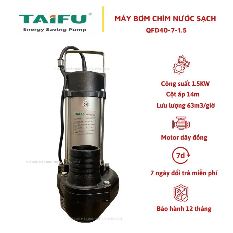 Máy bơm chìm lưu lượng 1.5Kw (2HP) Thân INOX 304 TAIFU QFD40-7-1.5 - Bảo hành 1 năm