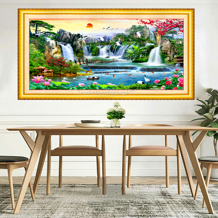 Tranh đính đá phong cảnh non nước hữu tình LV430 120 x 55 cm chưa đính