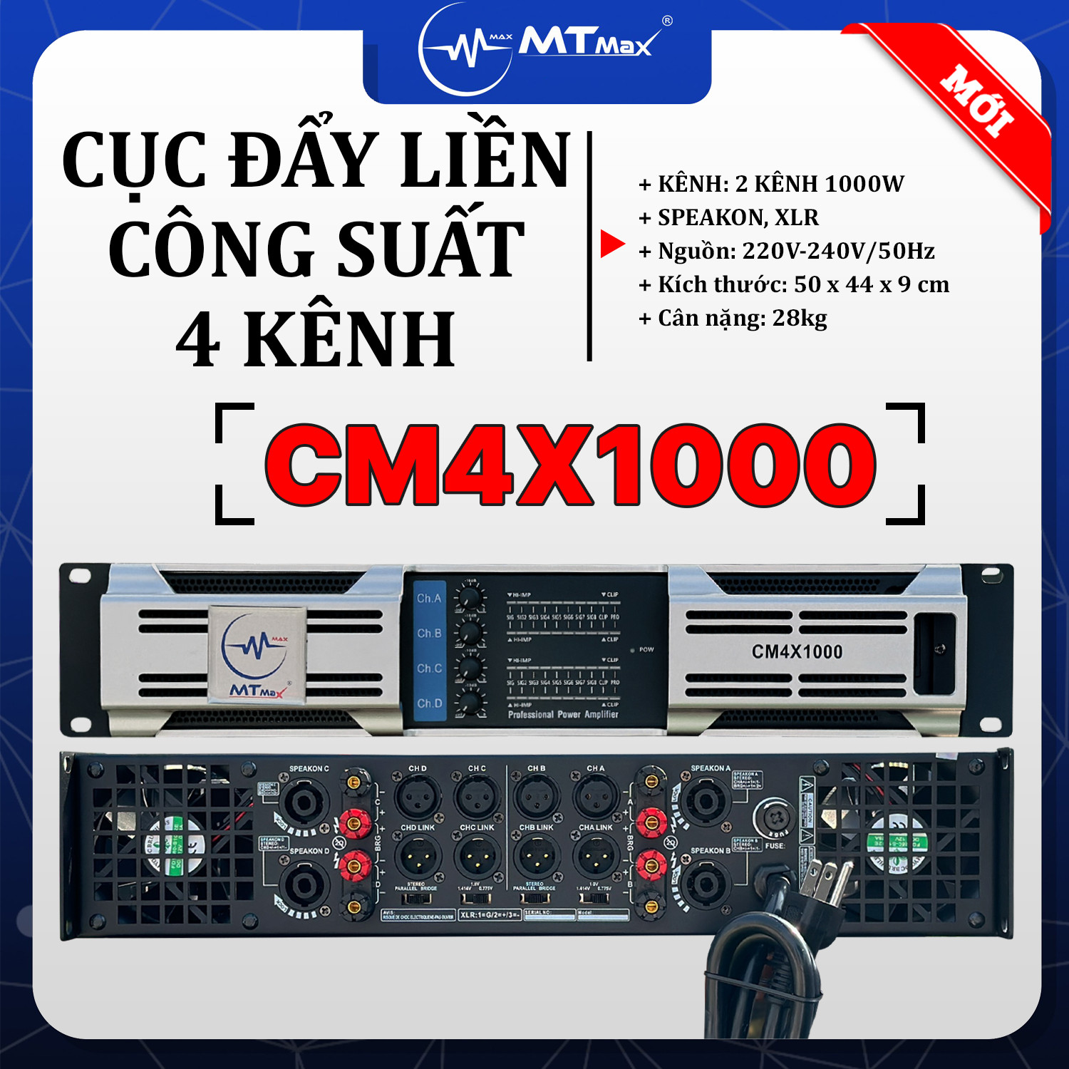 Cục Đẩy Liền Công Suất CM4X1000 - 4 Kênh 64 Sò, 16 Tụ, Biến Áp Xuyến, Công Suất 1000W X 1 Kênh, Chơi Được Loa 4 - 5 Tấc Hàng Chính Hãng