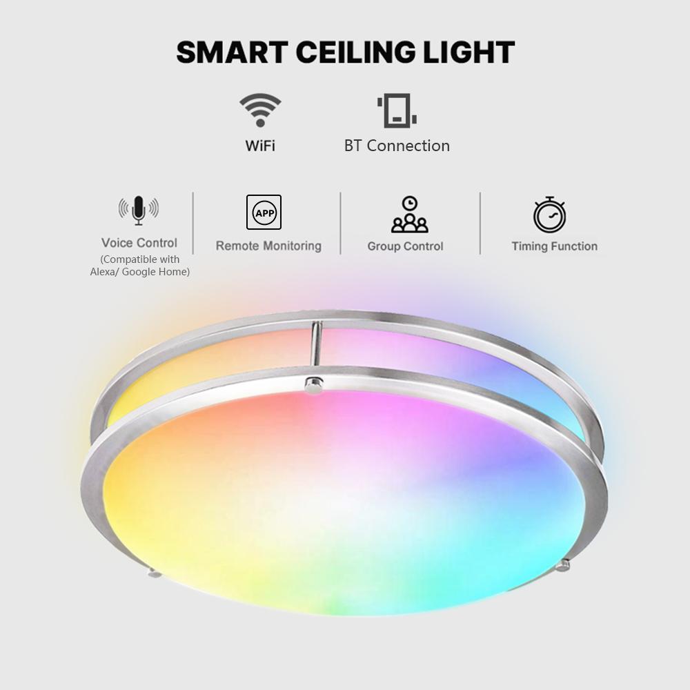 Smart Ceiling Light 14-inch 18W Flush Mount Wi-Fi Ceiling Lamp 2700K-6500K White & RGB Multicolored Dimmable Ceiling