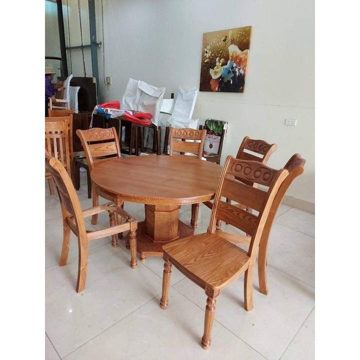 Bàn ghế ăn bàn tròn 6 ghế gỗ sồi nga
