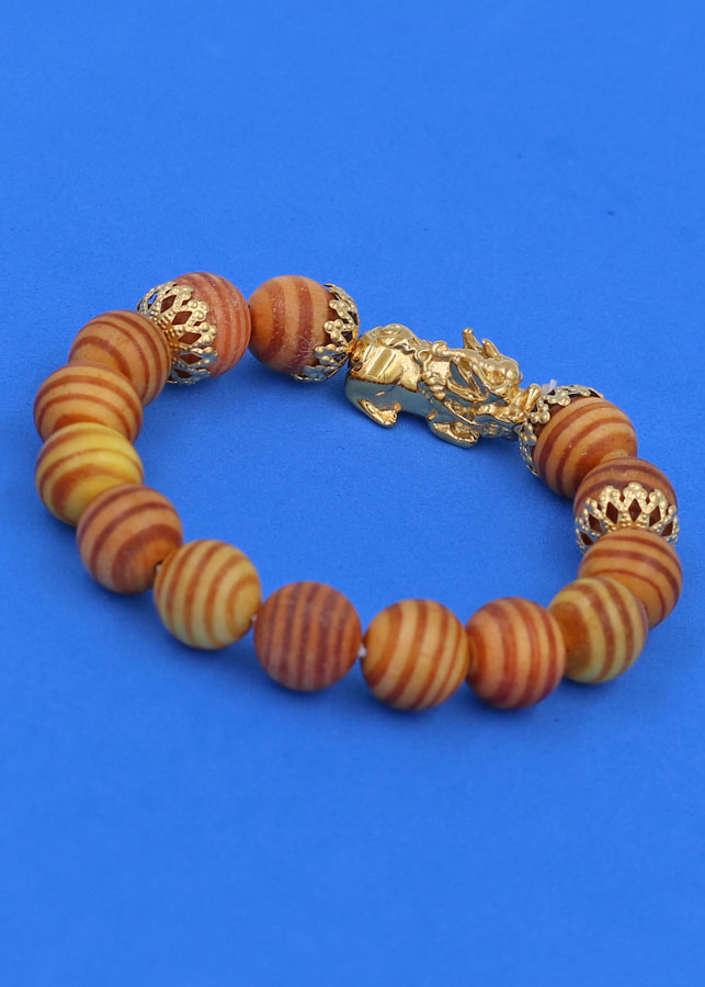 Vòng tay chuỗi hạt Gỗ Huyết Rồng 12 ly - cẩn Tỳ Hưu Phong Thủy inox vàng VGHRTHBKV12