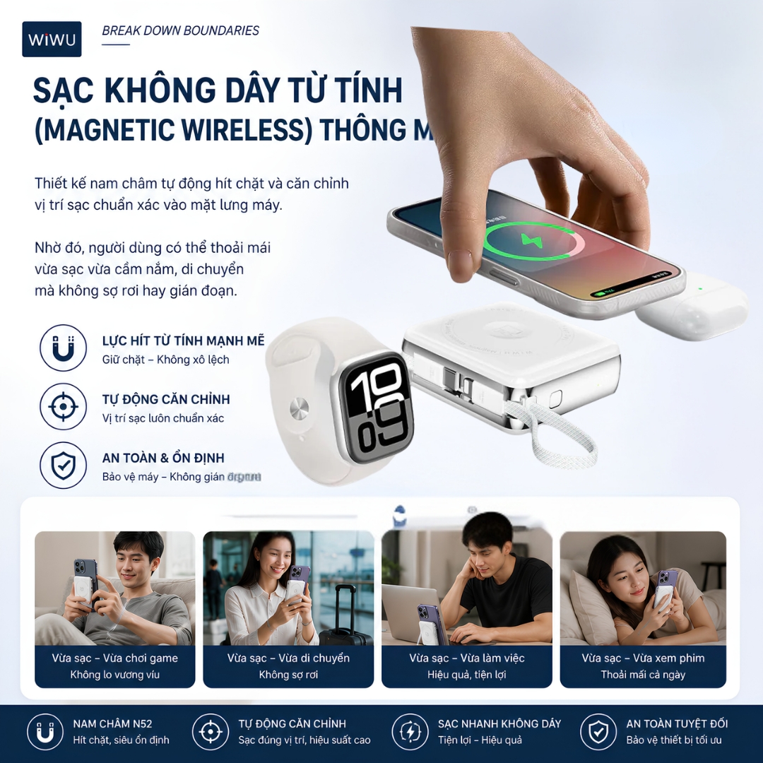Pin sạc dự phòng sạc không dây từ tính 3in1 MagFusion Trio 10000Mah, kèm dây sạc Type-C + L(iP/iPad) WIWU XF17 cho iPhone iPad Apple watch Airpods - Sạc Magnetic 15W | PD20W | Cáp Type-C + L(iP/iPad) Tích Hợp | LED % Pin - Hàng nhập khẩu