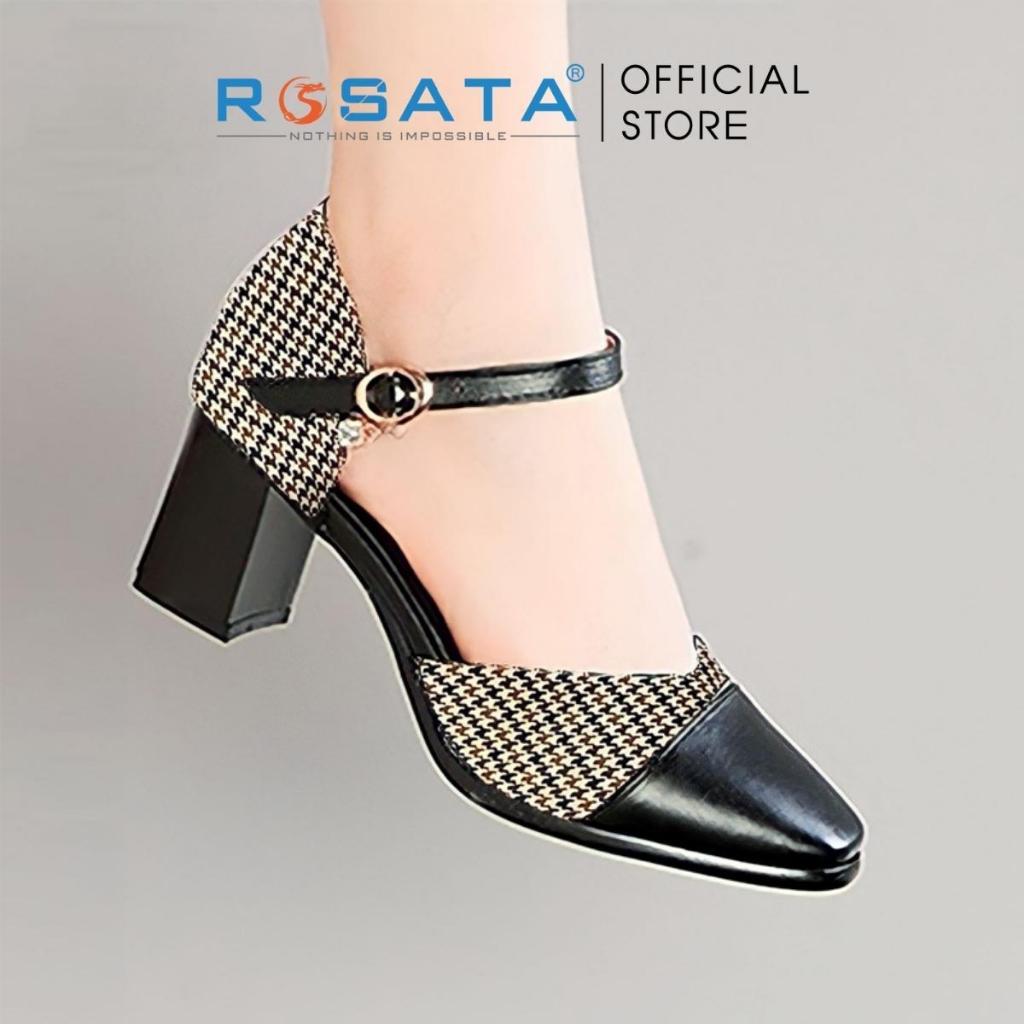 Giày cao gót nữ ROSATA RO524 mũi nhọn họa tiết caro quai hậu cài khóa dây mảnh gót vuông cao 5cm xuất xứ Việt Nam