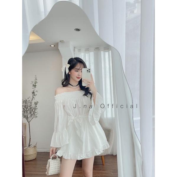 Áo váy trễ vai nơ eo ngực Đầm trễ vai Jna Official