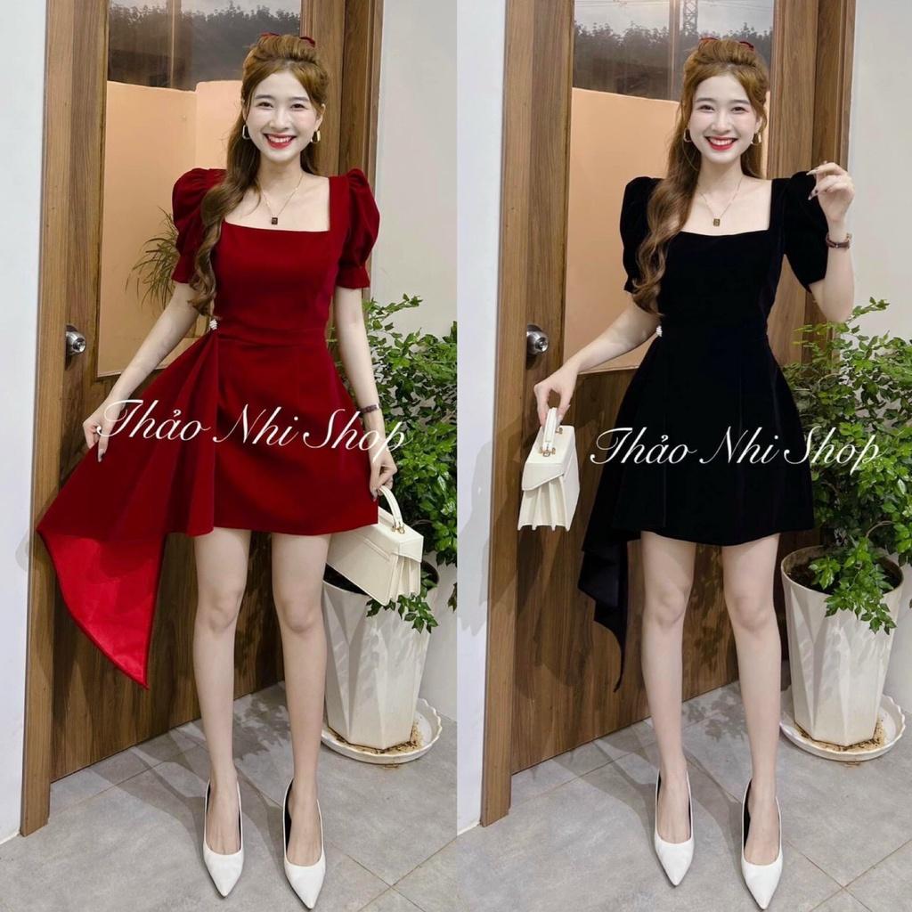 FREESHIP Đầm Váy Nữ Chất Vải Nhung Cứng Cổ Vuông Tay Phồng Phối Bèo Lai Thiết Kế Sang Chảnh KIMGIA DS