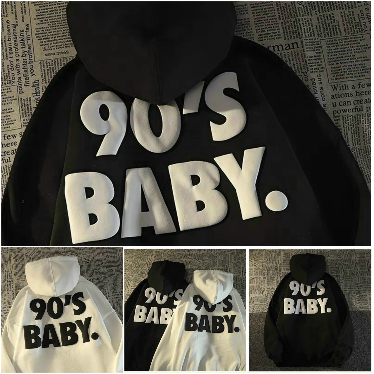 Áo Hoodie Chữ 90'S BABY Nam Nữ Cặp Đôi - FREESHIP - Kiểu Khoác Nỉ Có Nón Mũ 2 Lớp- Chống Nắng - Thu Đông