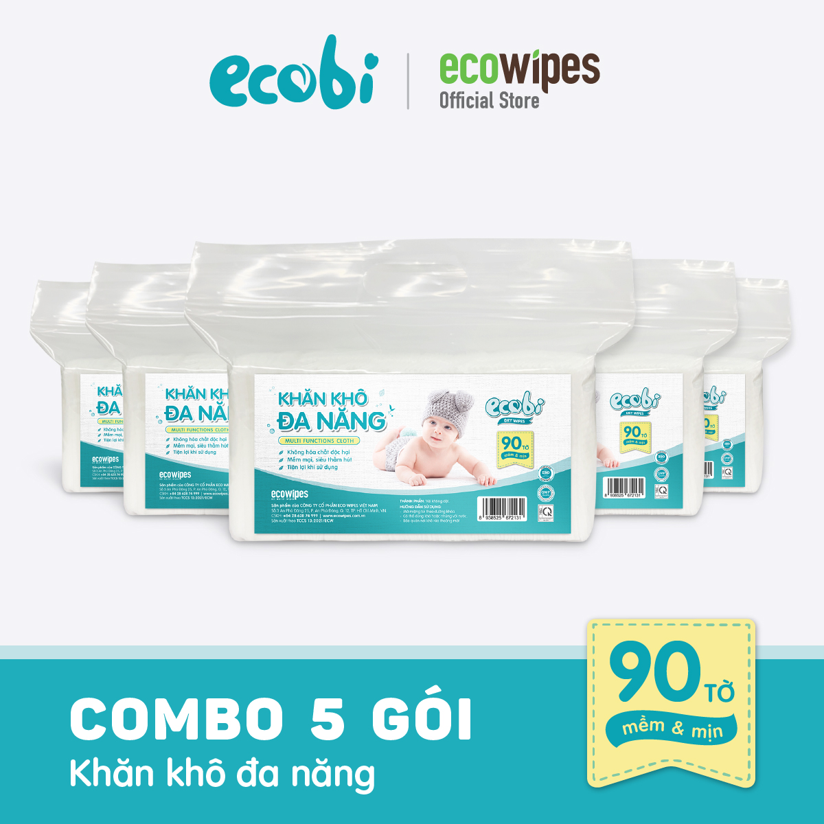 Combo 05 túi khăn khô đa năng cho bé Ecobi túi 90 tờ dùng thay khăn sữa an toàn cho trẻ sơ sinh