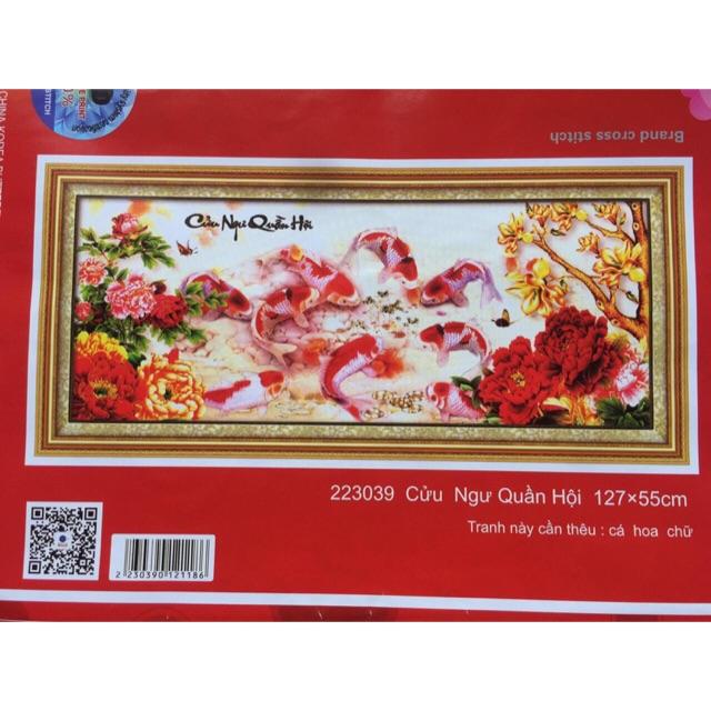 Tranh thêu chữ thập Cửu Ngư Quần Hội 127x55cm