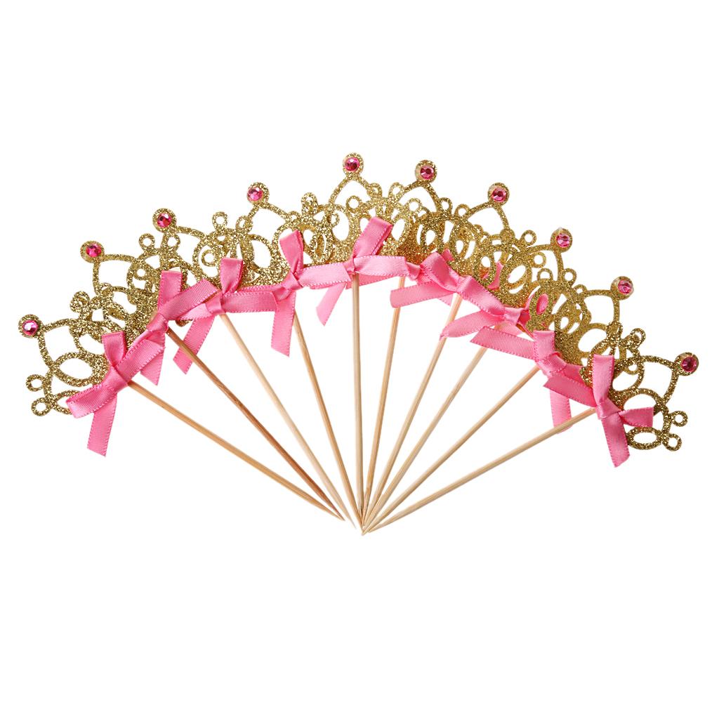 10pcs/set Crown Cake Topper Cupcake Picks with Ribbon Pink and Gold