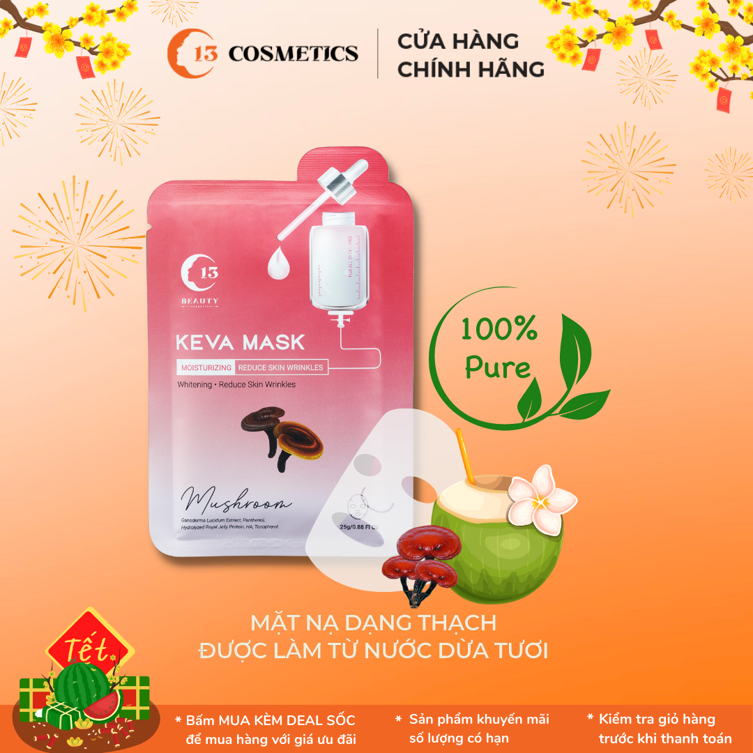 Mặt Nạ Dừa C13 Cosmetics Tinh Chất Nấm Linh Chi Giảm Nếp Nhăn Keva Mask Mushroom 1 Miếng