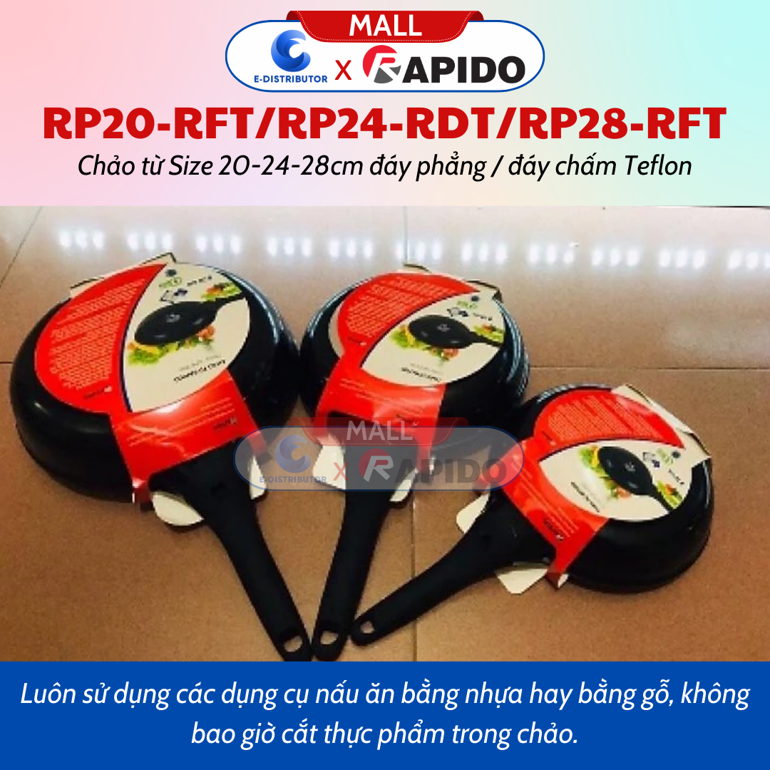 Chảo Từ Rapido Size 28cm Đáy Phẳng Teflon RP28-RFT - RP20-RFT (Size 20cm, Đáy Phẳng) - RP24-RDT (Size 24cm, Đáy Chấm) - Hàng Chính Hãng - Chịu Nhiệt Lên Tới 500 Độ C