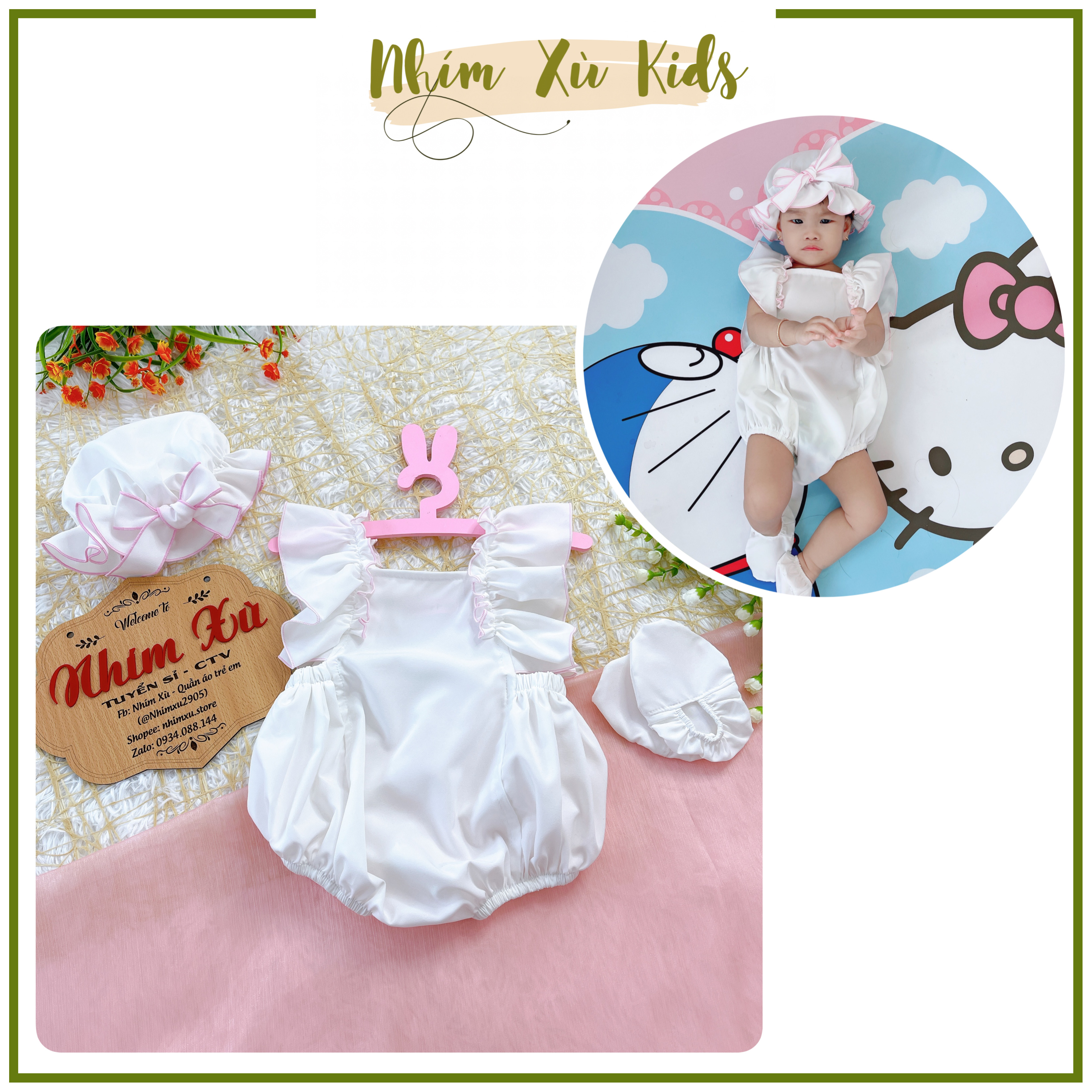 Body Trắng Viền Hồng Kèm Nón Và Giày Cho Bé sơ sinh - 12kg