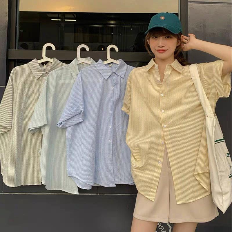Áo Sơ Mi Kẻ Xốp Dáng Thụng So Mi Nữ Vải Xốp Cộc Tay Nhiều Màu LONA CLOTHES