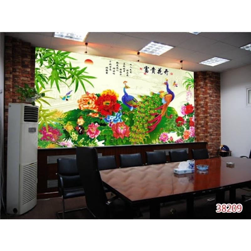 tranh dán tường chim công hoa mẫu đơn 3d. tranh in vải lụa KT 120x80 cm. nhận in kích thước theo yêu cầu zalo 0989685926