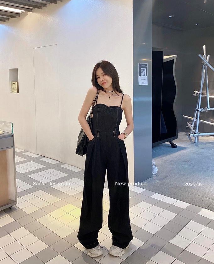 JUMPSUIT 2 DÂY ĐEN TRƠN CỔ U QUẦN DÀI ỐNG RỘNG ĐỒ BAY LƯNG CAO ĐI BIỂN DẠO PHỐ ĐI CHƠI