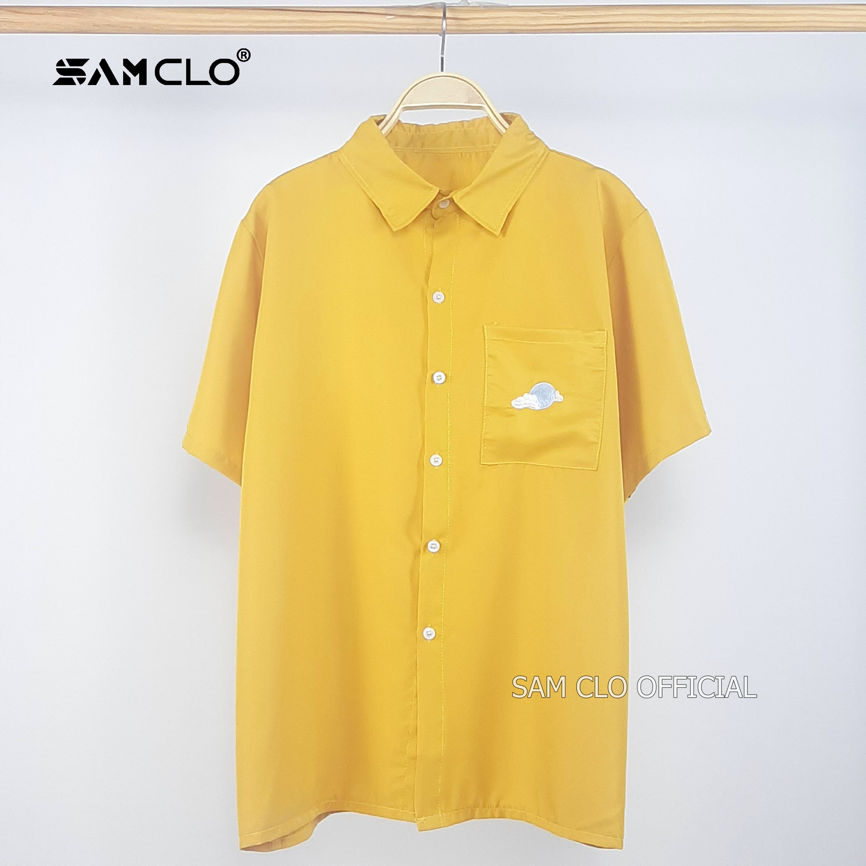 Áo sơ mi nữ SAM CLO cổ bẻ tay ngắn có túi - lỡ ulzzang form freesize dáng rộng unisex mặc cặp, nhóm, couple HÌNH THÊU