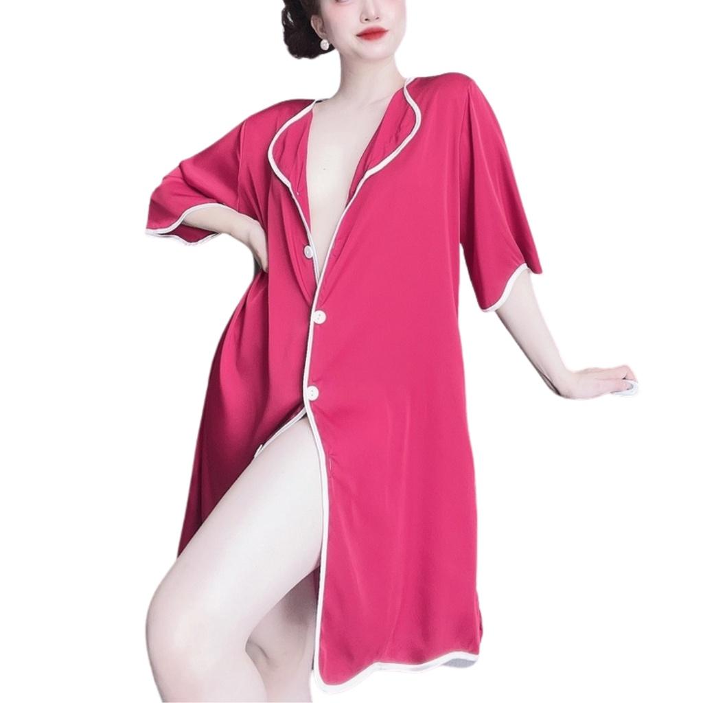 Váy ngủ sexy ️Kèm Quần️ Đầm Nữ lụa Satin Chất Siêu Mát Dáng Xinh Bộ Mặc Nhà Pijama Cổ Sơ Mi G5