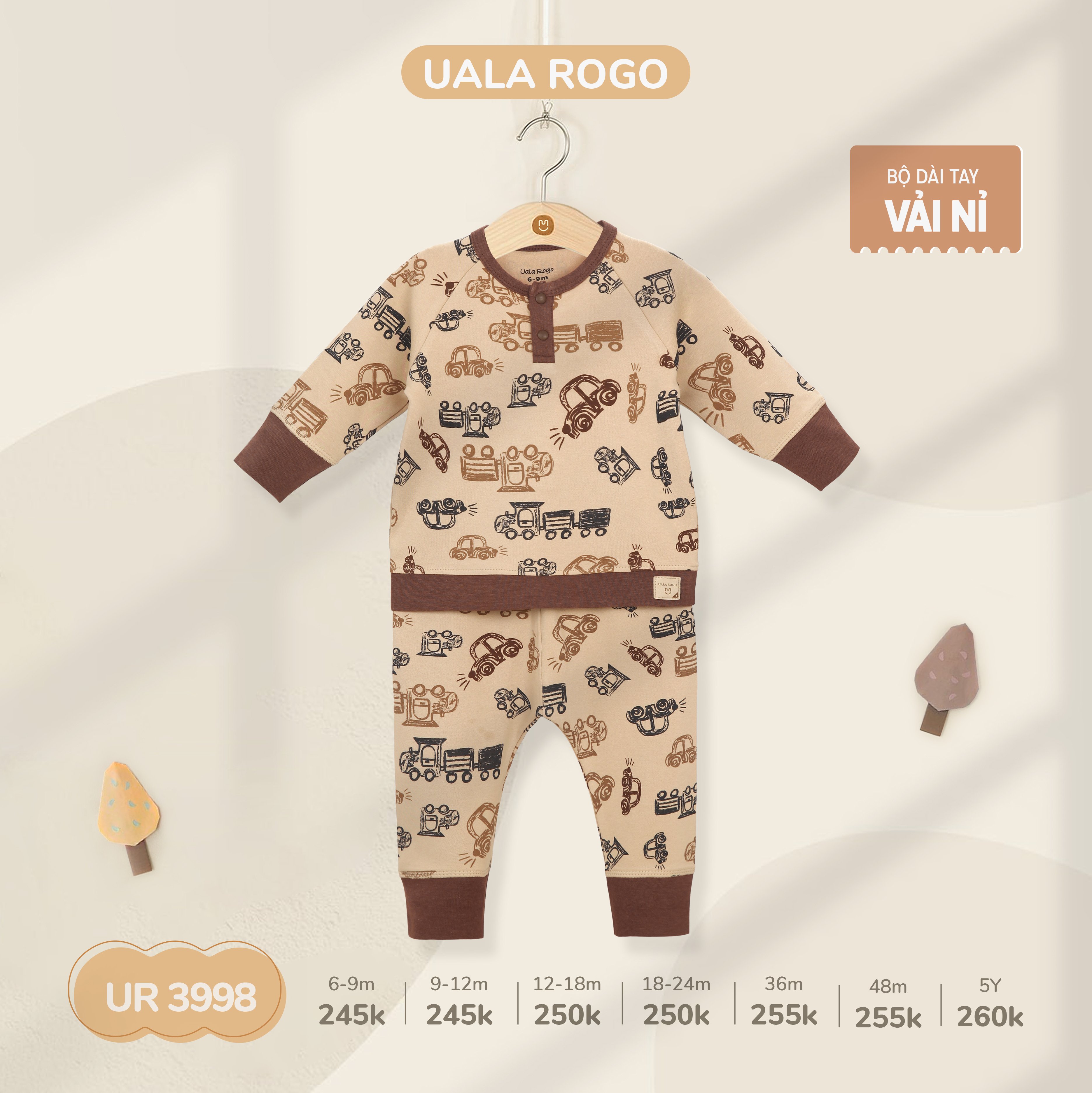 Bộ QA dài tay UalaRogo chất liệu nỉ họa tiết màu sắc trung tính cho bé 6 tháng - 5 tuổi