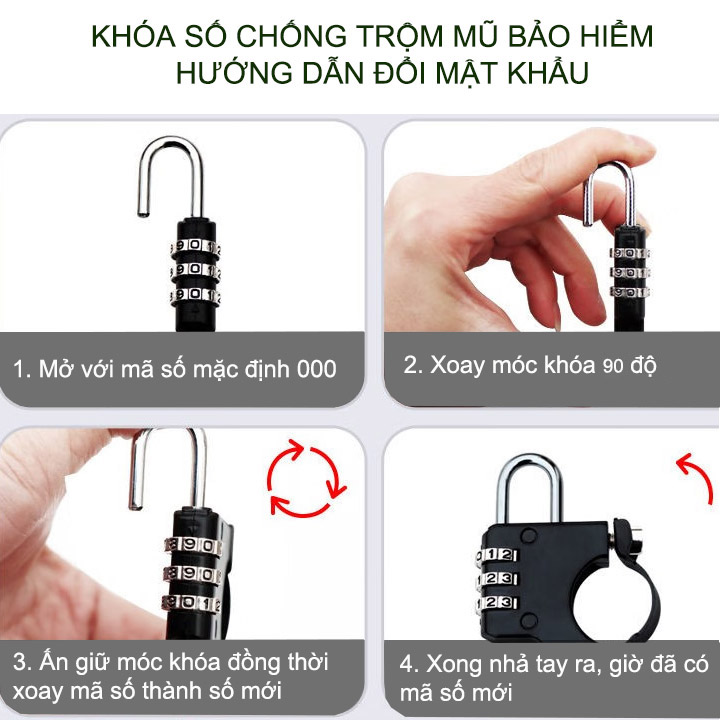 Khóa số gắn tay lái xe máy, xe điện dùng chống trộm mũ bảo hiểm, loại 3 mã số có thể thay đổi được