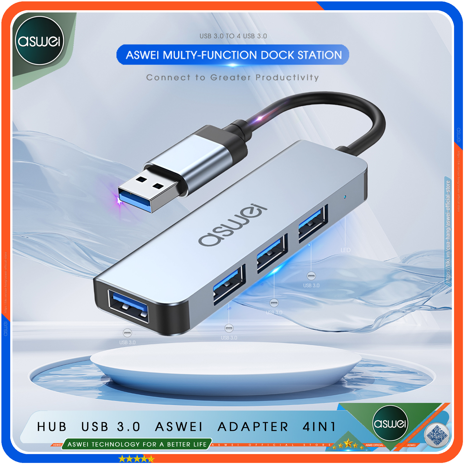 Hub USB 3.0 ASWEI 4 in 1 - Bộ Chia USB Tốc Độ Cao 4 Cổng - Hub Chuyển Đổi USB Type-C Dành Cho Macbook, Laptop, PC, Máy Tính Bảng, Điện Thoại - Hàng Chính Hãng
