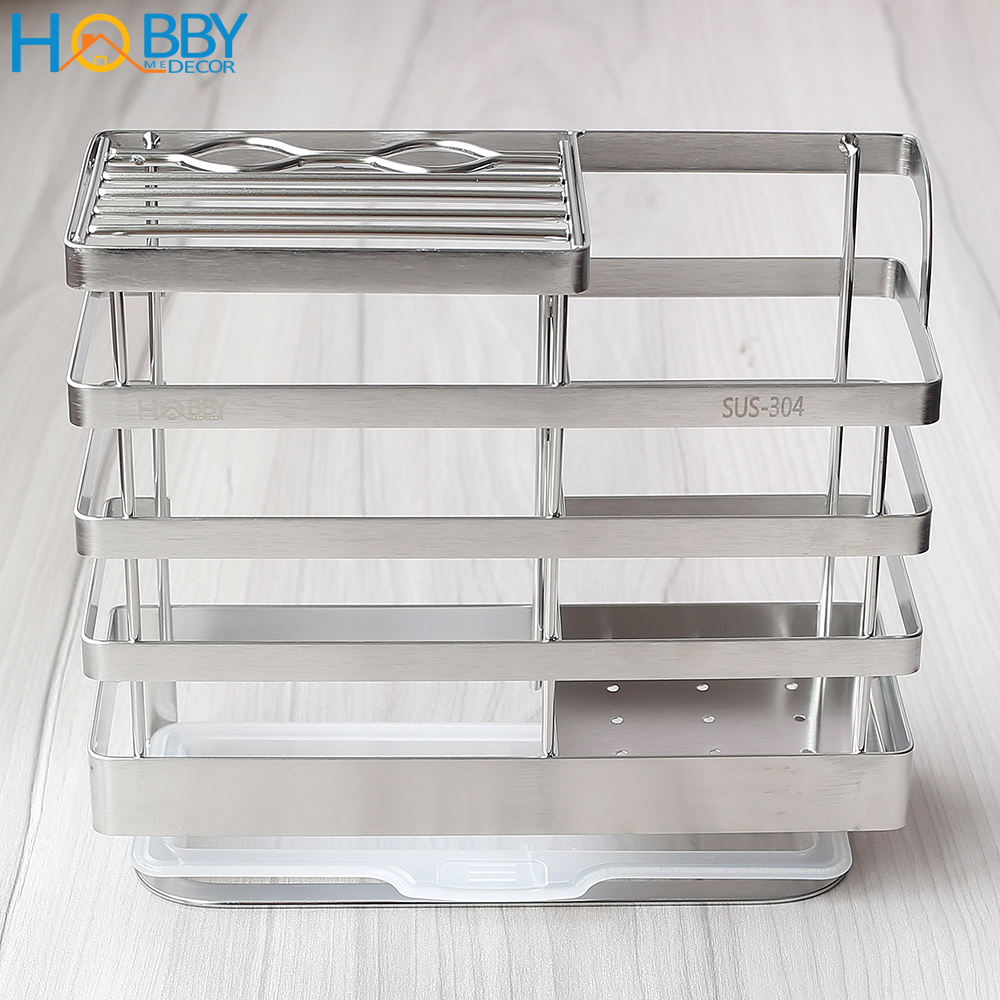 Kệ đựng đũa muỗng Inox 304 HOBBY KDMD dán tường gạch men có khay hứng nước - có keo dán và miếng Inox dán