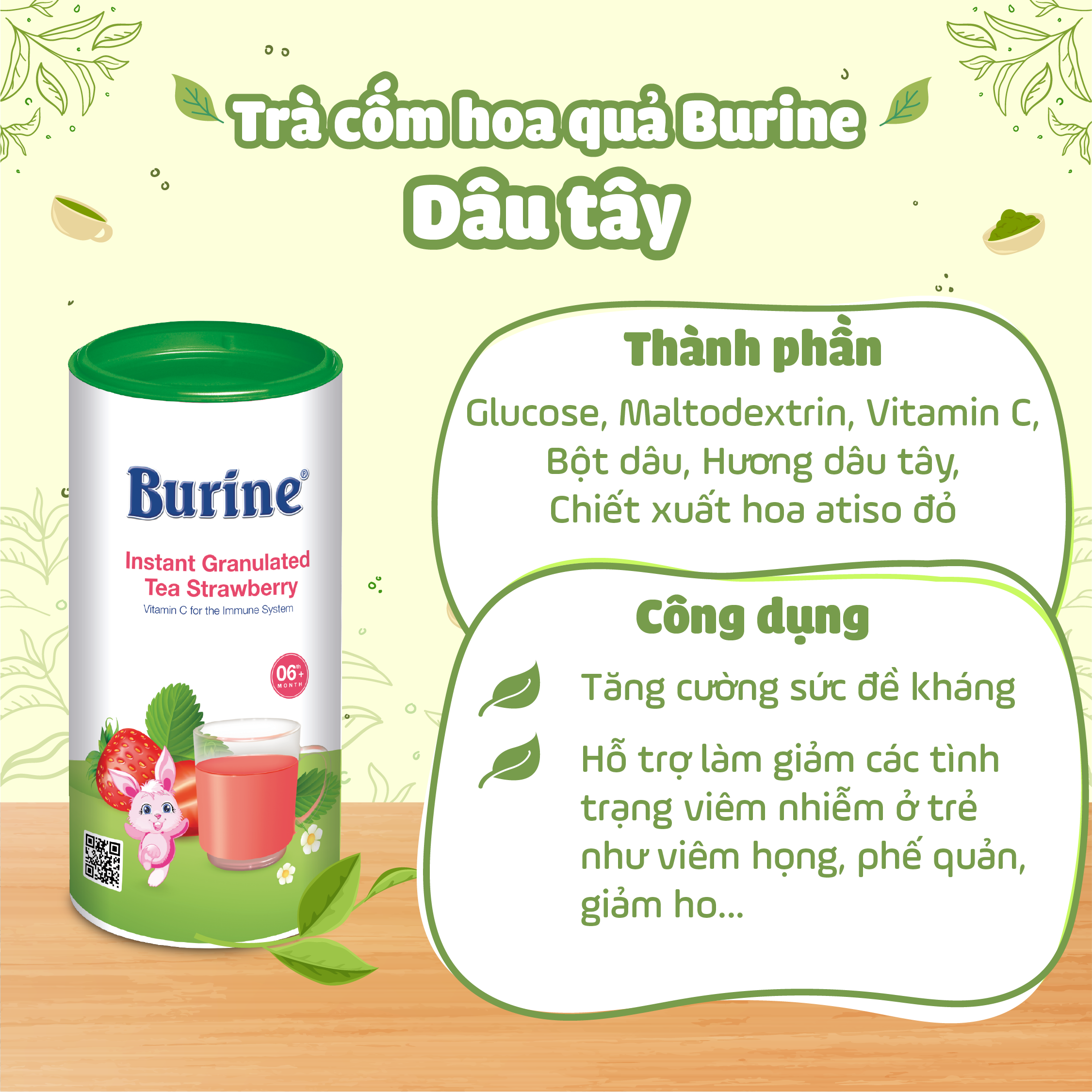 Trà cốm hoa quả Burine (HiPP) dinh dưỡng dành cho bé - Vị Dâu tây giúp hỗ trợ giảm viêm nhiễm, tăng cường đề kháng (Không dành cho trẻ dưới 6 tháng tuổi)