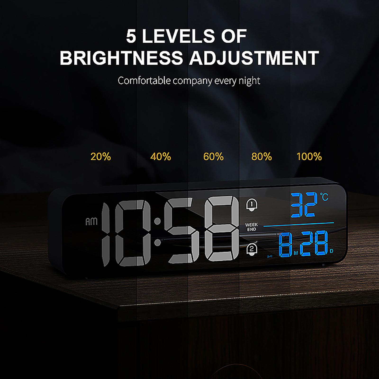 Living Room Mirror Large Digital Alarm Clock LED with Temperature 40 Music 4 Volume, Wall Clock