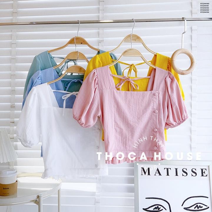 Áo croptop ulzzang cổ U nút bọc tay phồng trơn nhiều màu THOCA HOUSE xinh xắn, trẻ trung