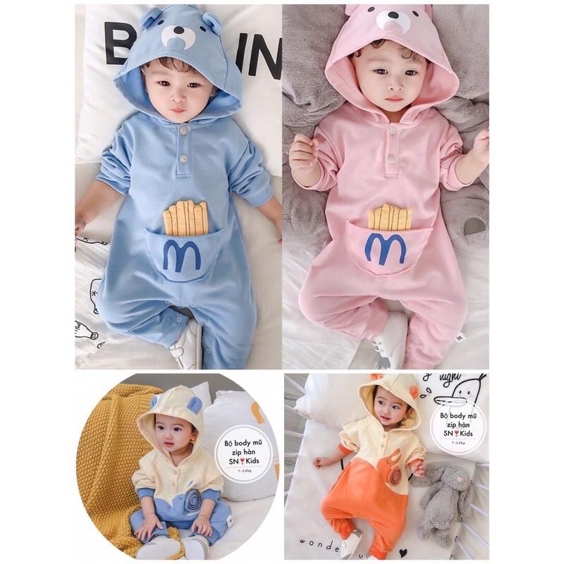 Body cotton xuất Hàn có mũ cho bé trai/gái siêu cute