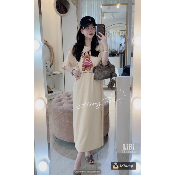 Đầm suông nữ nữ cộc tay mùa hè in hình con gấu 2 màu