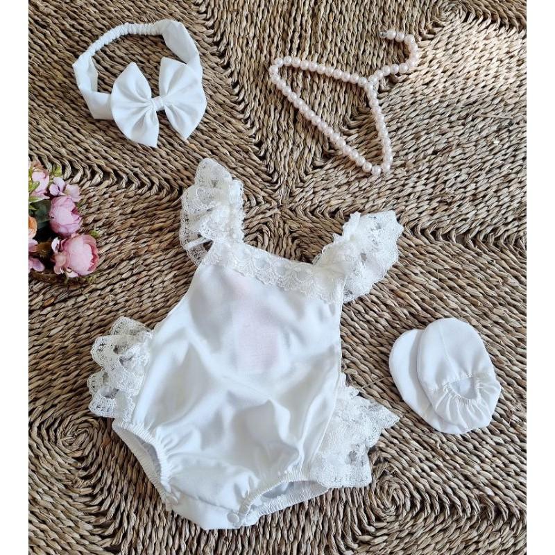 Combo 3 món body trắng phối bèo mát mẻ dễ thương