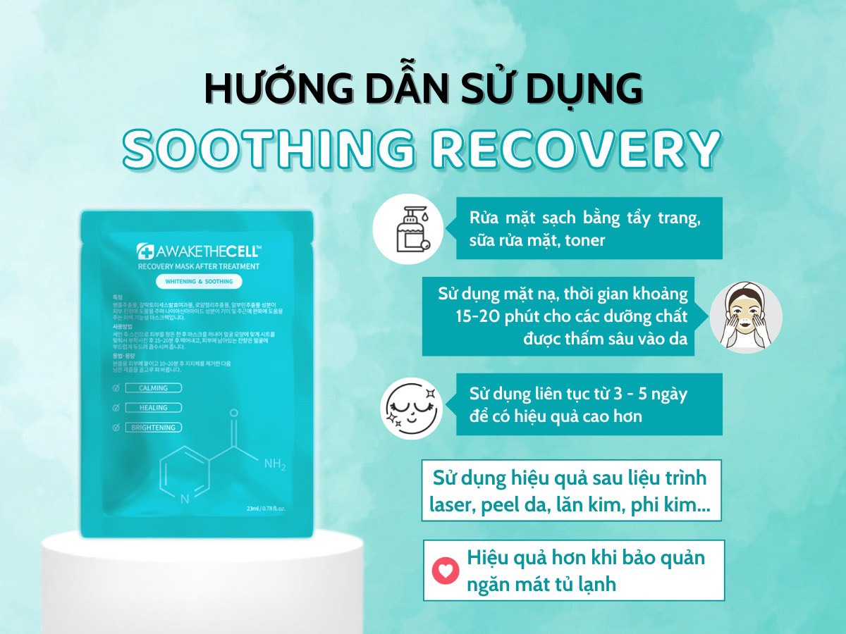 Hộp 10 Miếng Mặt Nạ Cấp Ẩm, Làm Dịu Da, Dưỡng Trắng Da SOOTHING RECOVERY Awakethe Cell Hàn Quốc - Mặt nạ Phục Hồi