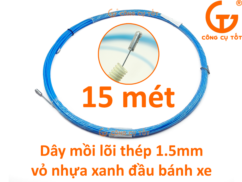 Dây mồi luồn ống lõi thép 1.2 ly vỏ xanh đầu bánh dài 15m