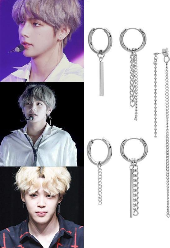 Combo 5 khuyên tai V BTS khoen tròn thả sợi mắt xích
