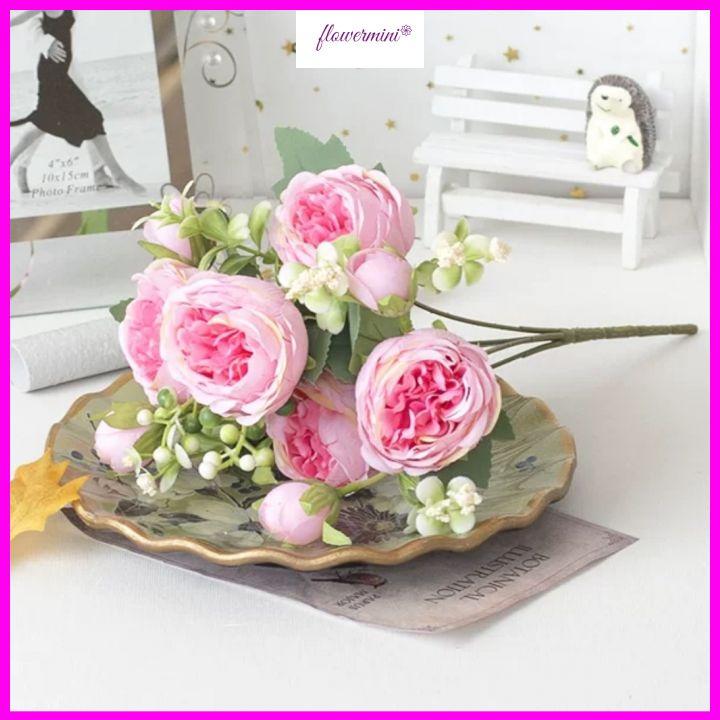 Bó hoa hồng Juliet lụa cao cấp 5 bông 4 nụ kèm quả điểm trang trí phòng khách, cửa hàng siêu đẹp Flowermini HH-504
