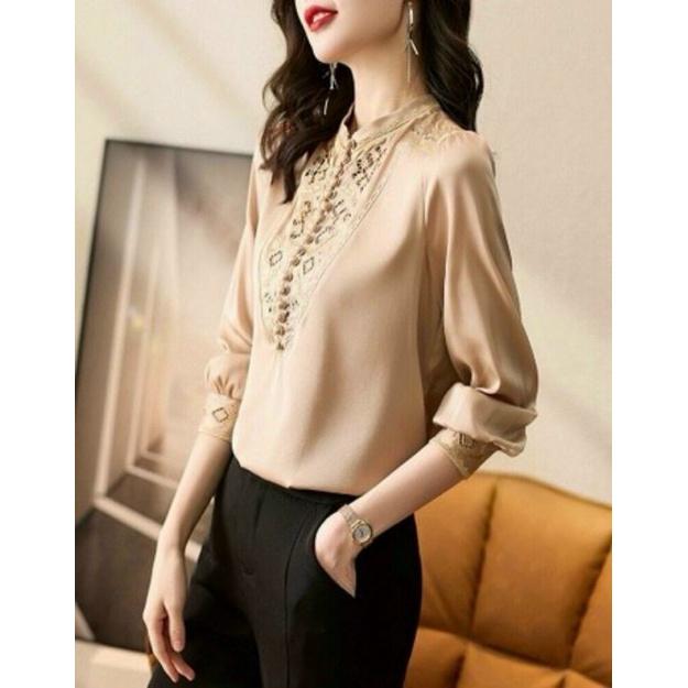 ÁO SƠ MI LỤA NÚT BỌC CỔ TRỤ