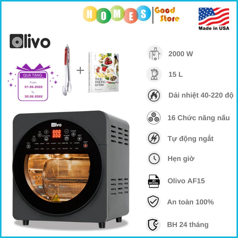 Nồi Chiên Không Dầu OLIVO AF15 Thương Hiệu Mỹ 16 Chức Năng Nấu, Dung Tích 16L Công Suất 2000W - Hàng Chính Hãng