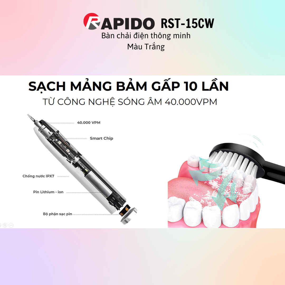 Máy Tăm nước cầm tay Rapido RWG150/RWW-300 - Bàn chải điện thông minh RST-15CW Trắng/RST-15CWB Đen - Hàng Chính Hãng - bảo hành 6 tháng