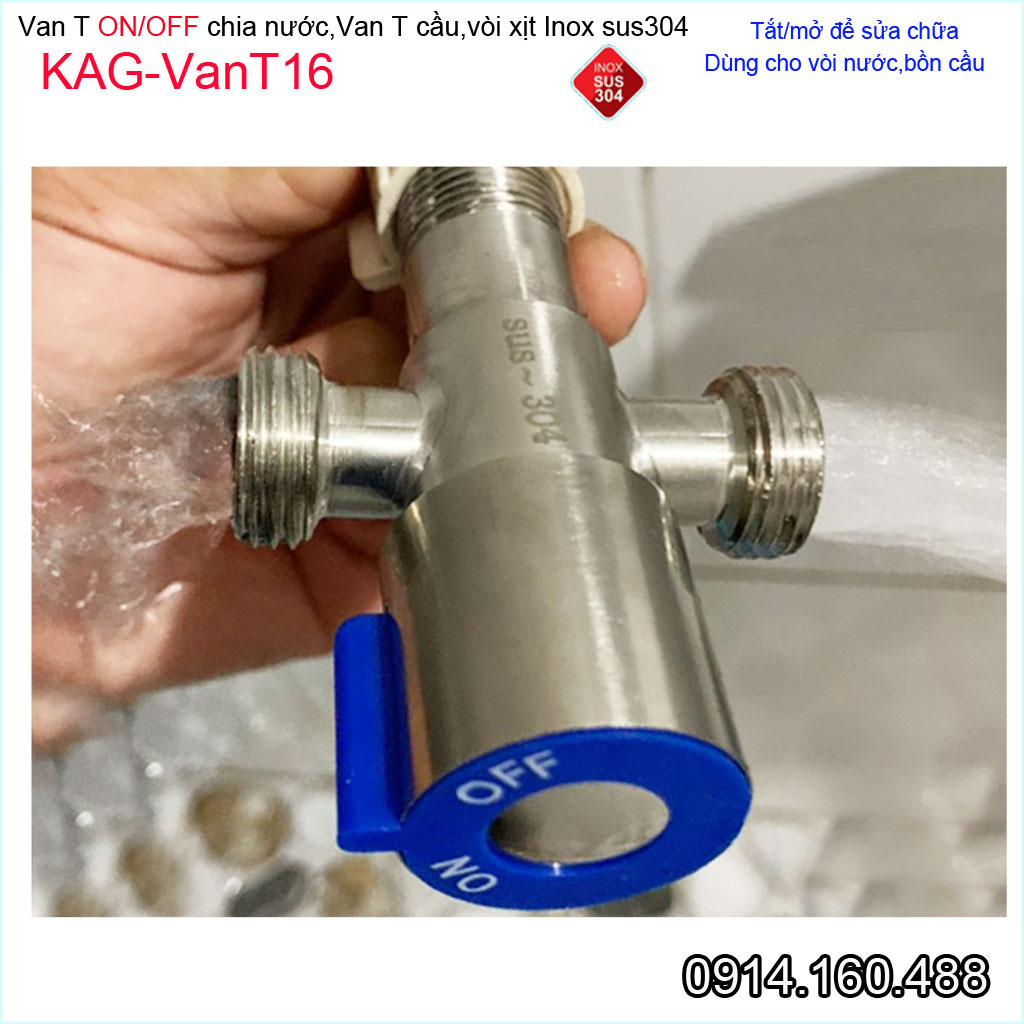 Van T chia nước ON OFF inox sus304 KAG-VanT16, van khóa vòi xịt bồn cầu D21 giảm áp lực siêu bền sử dụng tốt
